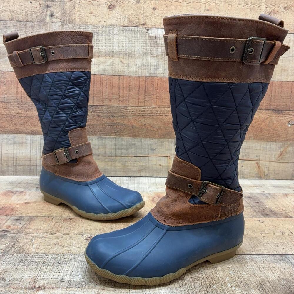 Sperry Rain Boots Womens Size 6.5 37 Blue Leather Quilted Knee High STS86429